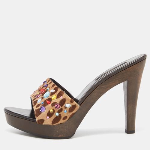 Sergio Rossi Two Tone Animal Print Calf Hair Crystal Embellished Slide Sandals Size 40.5 - Sergio Rossi - Modalova