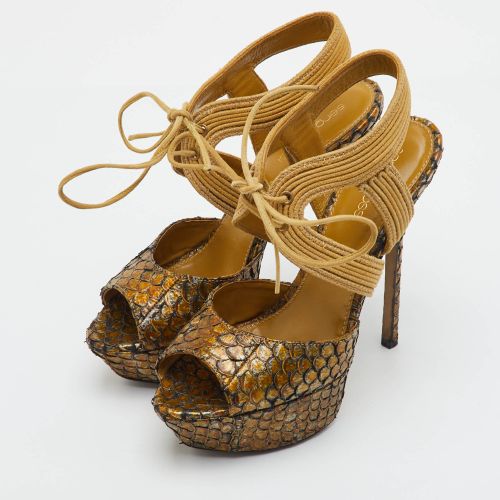 Size 36 Python Embossed Leather Platform Ankle Tie Sandals - Sergio Rossi - Modalova