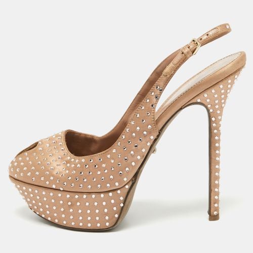 Light Crystal Embellished Satin Peep Toe Platform Slingback Pumps Size 38.5 - Sergio Rossi - Modalova