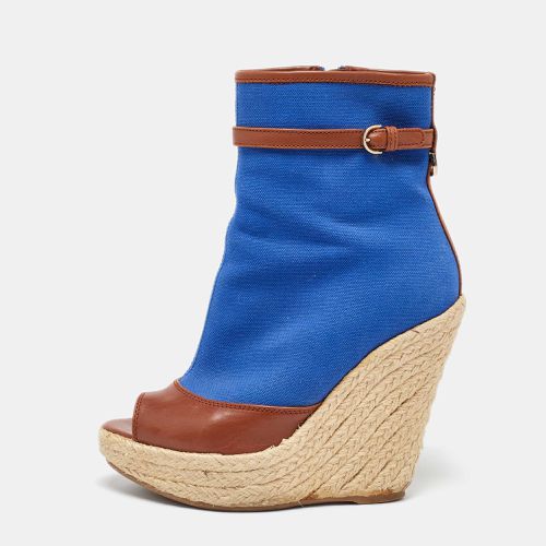 Sergio Rossi Blue/Brown Canvas and Leather Espadrille Wedge Boots Size 36 - Sergio Rossi - Modalova