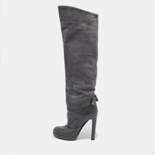 Sergio Rossi Grey Suede and Snakeskin Thigh High Boots Size 35 - Sergio Rossi - Modalova