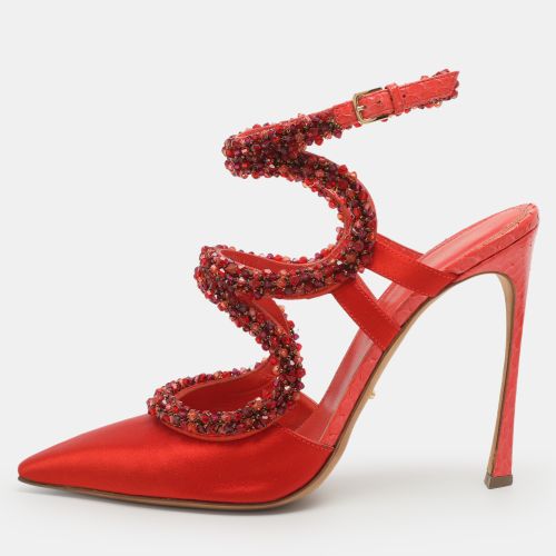 Size Embellished 40 Python Leather and Satin Ankle Strap Sandals - Sergio Rossi - Modalova