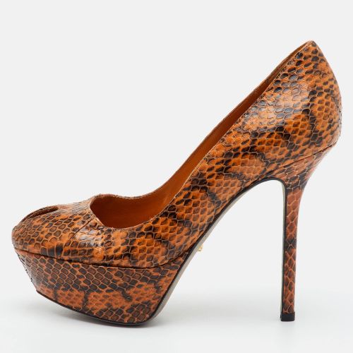 Size 34 /Black Python Leather Peep Toe Platform Pumps - Sergio Rossi - Modalova