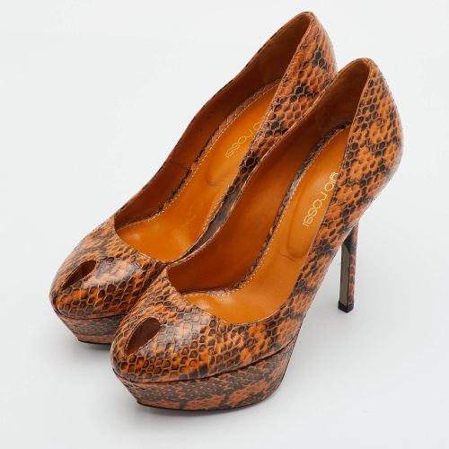 Size 34 /Black Python Leather Peep Toe Platform Pumps - Sergio Rossi - Modalova