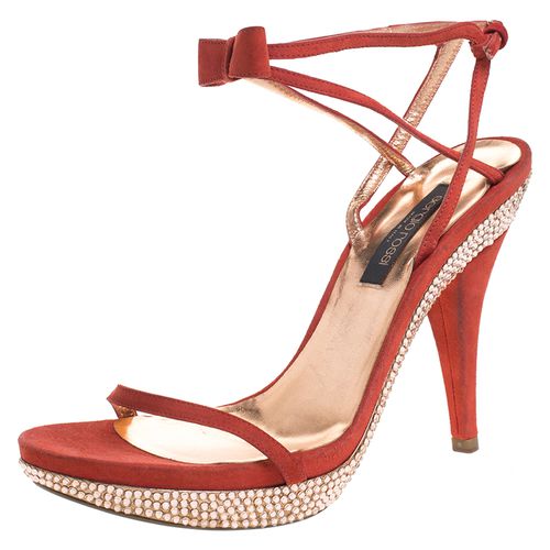 Sergio Rossi Red Suede Crystal Embellished Ankle Strap Platform Sandals Size 37 - Sergio Rossi - Modalova