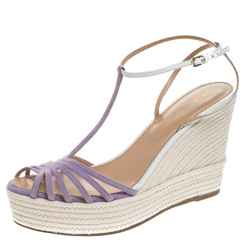 Lavender/White Suede and Leather T-Strap Wedge Sandals Size 39.5 - Sergio Rossi - Modalova