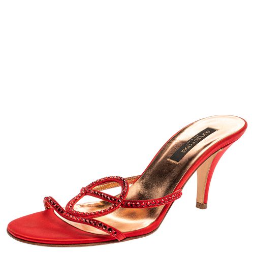 Sergio Rossi Red Satin Crystal Embellished Slip On Sandals Size 37.5 - Sergio Rossi - Modalova