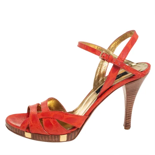Croc Embossed Leather Ankle Strap Sandals Size 37.5 - Sergio Rossi - Modalova