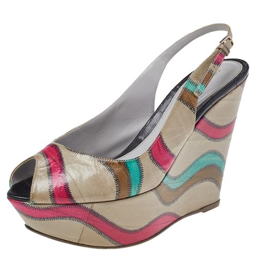 Sergio Rossi Multicolor Stitch Leather Platform Slingback Wedge Sandals Size 39 - Sergio Rossi - Modalova