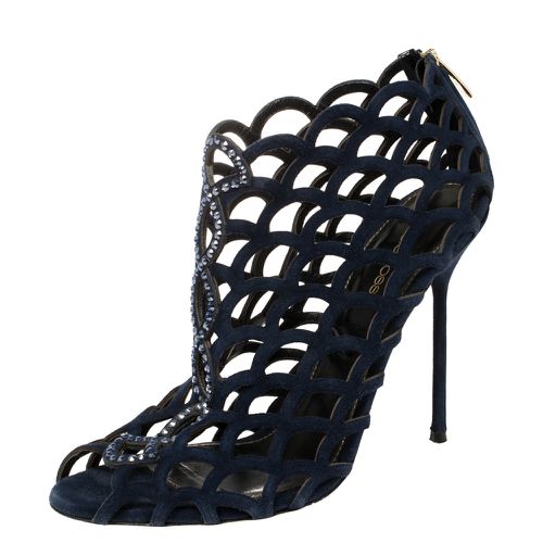 Sergio Rossi Blue Suede Crystal Embellished Scalloped Peep Toe Caged Booties Size 39 - Sergio Rossi - Modalova