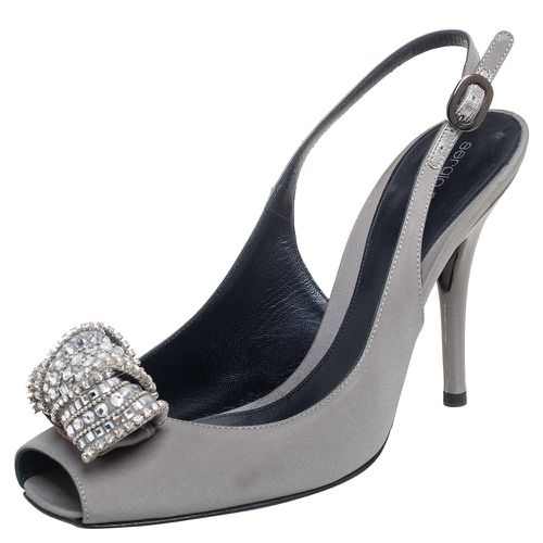 Sergio Rossi Grey Satin Crystal Embellished Knot Peep Toe Slingback Sandals Size 39.5 - Sergio Rossi - Modalova