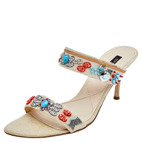 Sergio Rossi Beige Canvas Embellished Slide Sandals Size 39.5 - Sergio Rossi - Modalova