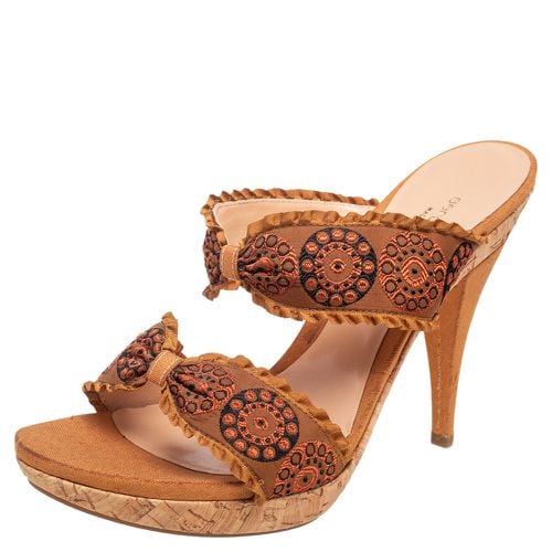 Sergio Rossi Mustard Brown Embroidered Fabric Double Bow Strap Slide Sandals Size 41 - Sergio Rossi - Modalova