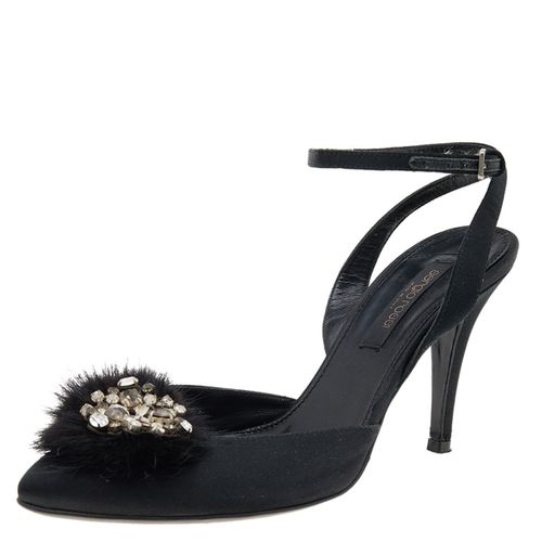 Sergio Rossi Black Fur And Satin Crystal Embellished Pointed Toe Ankle Strap Sandals Size 36 - Sergio Rossi - Modalova