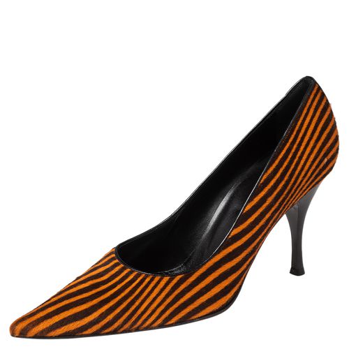 Sergio Rossi Orange/Brown Stripes Print Pony Hair Pointed Toe Pumps Size 41 - Sergio Rossi - Modalova