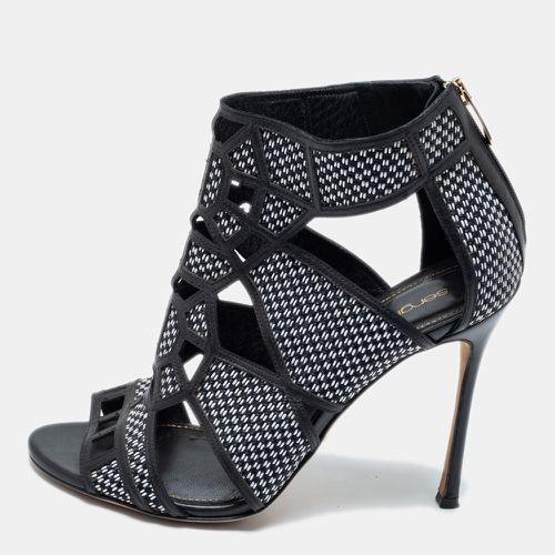 Sergio Rossi Black/White Woven Straw And Leather Cutout Ankle Boots Size 36 - Sergio Rossi - Modalova