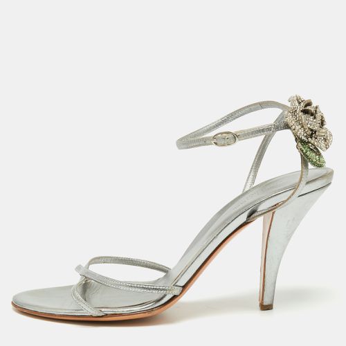 Sergio Rossi Silver Leather Crystal Embellished Ankle Strap Sandals Size 38.5 - Sergio Rossi - Modalova