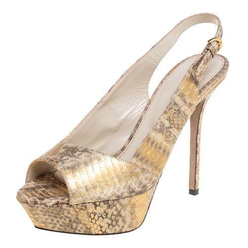 Sergio Rossi Metallic Gold/Grey Watersnake Leather Peep Toe Platform Slingback Sandals Size 38.5 - Sergio Rossi - Modalova