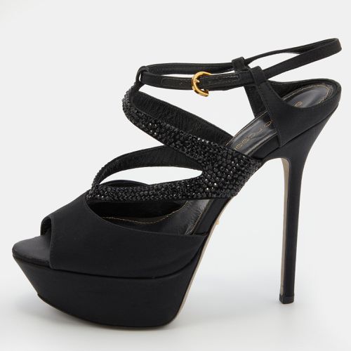 Sergio Rossi Black Satin and Leather Crystal Embellished Platform Sandals Size 36.5 - Sergio Rossi - Modalova