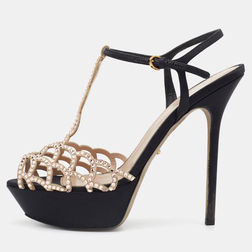 Sergio Rossi Black/Beige Satin And Suede Crystal Embellished Strappy Scalloped Platform Sandals Size 40 - Sergio Rossi - Modalova