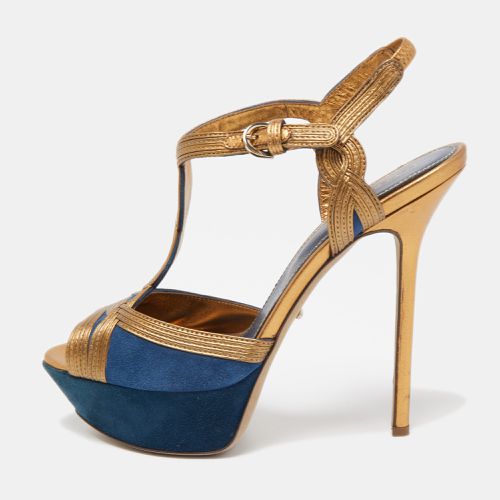 Sergio Rossi Navy Blue/Copper Suede and Leather T-Bar Platform Ankle Strap Sandals Size 39 - Sergio Rossi - Modalova