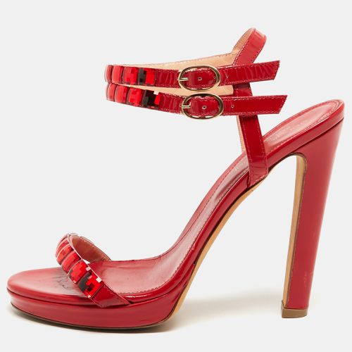 Sergio Rossi Red Leather Crystal Embellished Ankle Strap Sandals Size 37 - Sergio Rossi - Modalova