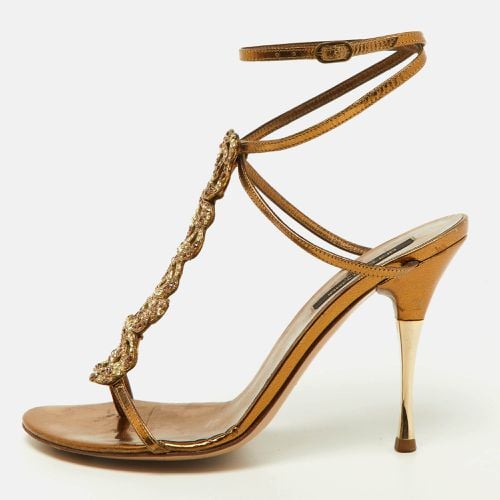 Louis Vuitton Metallic Gold Leather Crystal Embellished Ankle Strap Sandals Size 37.5 - Sergio Rossi - Modalova