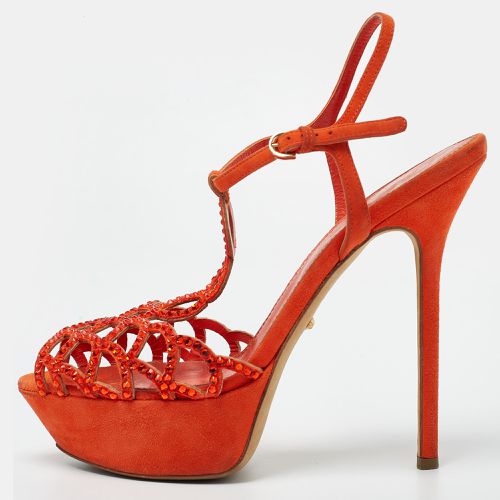 Sergio Rossi Orange Suede and Crystal Embellished Strappy Scalloped Platform Sandals Size 38.5 - Sergio Rossi - Modalova