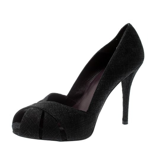 Stuart Weitzman Black Textured Fabric Criss Cross Open Toe Platform Pumps Size 39 - Stuart Weitzman - Modalova