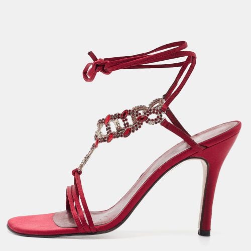 Stuart Weitzman Burgundy Satin Crystal Embellished Ankle Strap Sandals Size 39 - Stuart Weitzman - Modalova