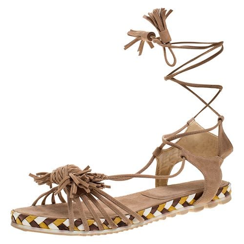 Stuart Weitzman Beige Suede Fringe Knot Ankle Tie Up Sandals Size 38 - Stuart Weitzman - Modalova