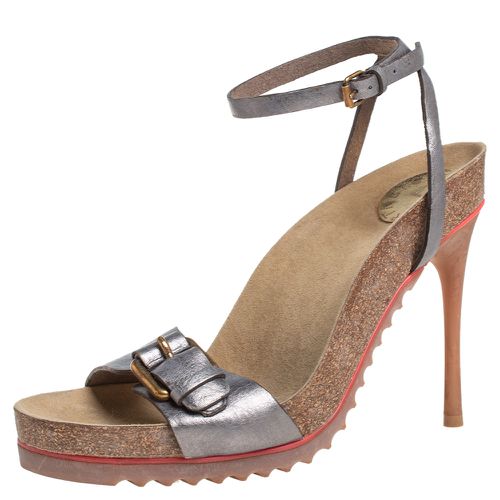 Stella McCartney Metallic Grey Faux Leather Ankle Strap Sandals Size 38 - Stella McCartney - Modalova