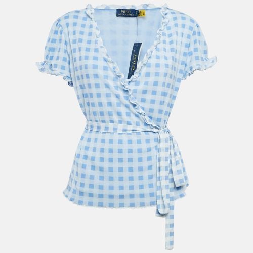 Polo Ralph Lauren Blue Checks Print Jersey Wrap-Around Ruffled Top L - Polo Ralph Lauren - Modalova