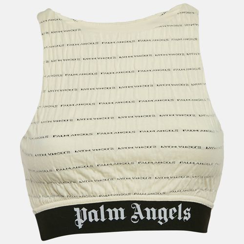 Palm Angels Cream Logo Print Crinkled Jersey Crop Top M - Palm Angels - Modalova