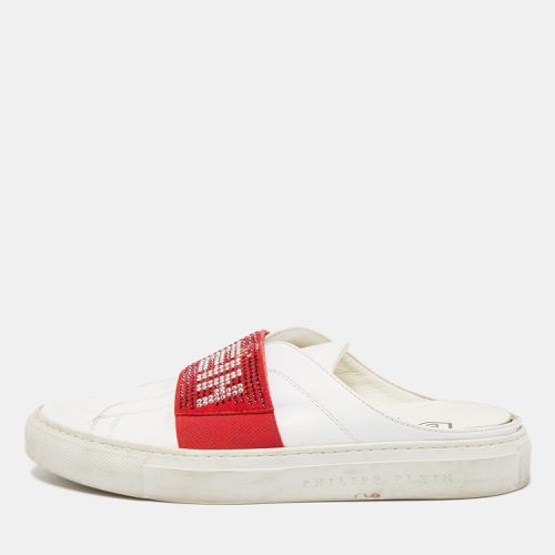 Phillip Plein White/Red Leather Crystal Embellished Logo Sneaker Mules Size 38 - Philipp Plein - Modalova