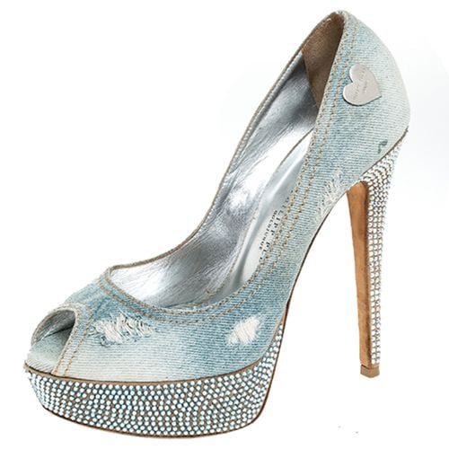 Phillip Plein Blue Crystal Embellished Distressed Denim Peep Toe Platform Pumps Size 39 - Philipp Plein - Modalova