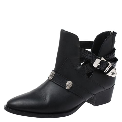 Philipp Plein Black Leather Skull Detail Ankle Boots Size 37 - Philipp Plein - Modalova