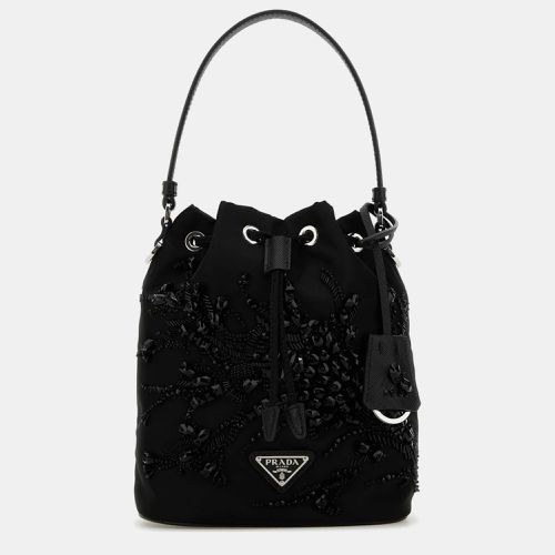 Prada Black Embroidered Nylon Bucket Shoulder Bag - Prada - Modalova