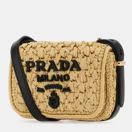 Logo Embroidered Interwoven Raffia Leather Shoulder Bag - Prada - Modalova