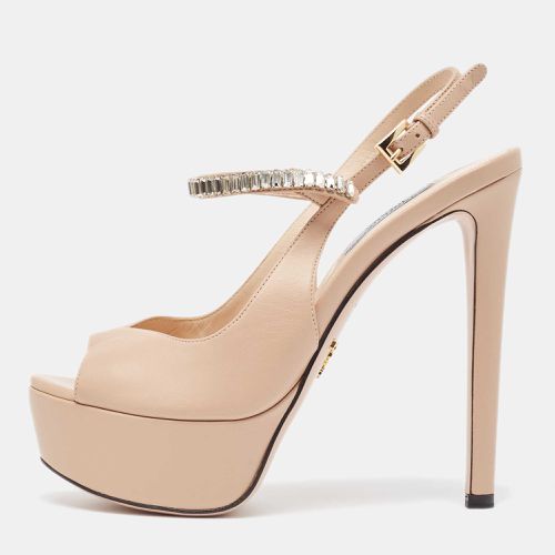 Prada Beige Leather Crystal Embellished Ankle Strap Sandals Size 36.5 - Prada - Modalova