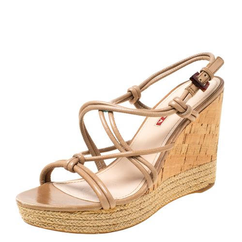 Prada Sport Beige Leather Strappy Cork Wedge Espadrille Platform Sandals Size 37.5 - Prada Sport - Modalova