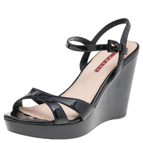 Prada Sport Black Patent Leather Wedge Platform Ankle Strap Sandals Size 38 - Prada Sport - Modalova