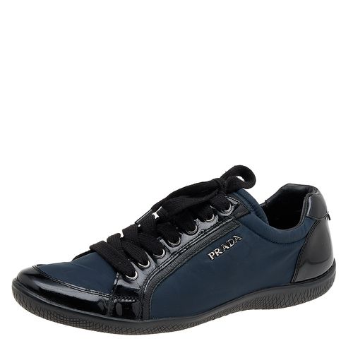 Prada Sport Black/Navy Blue Patent Leather And Nylon Low Top Sneakers Size 38 - Prada Sport - Modalova