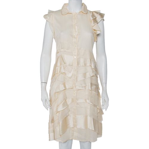 Prada Cream Silk Detachable Collar Detail Ruffled Shirt Dress M - Prada - Modalova