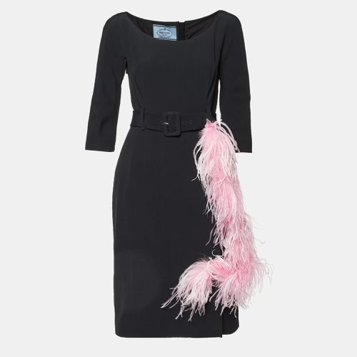 Pink Crepe Detachable Feather Trim Belted Knee-Length Dress M - Prada - Modalova