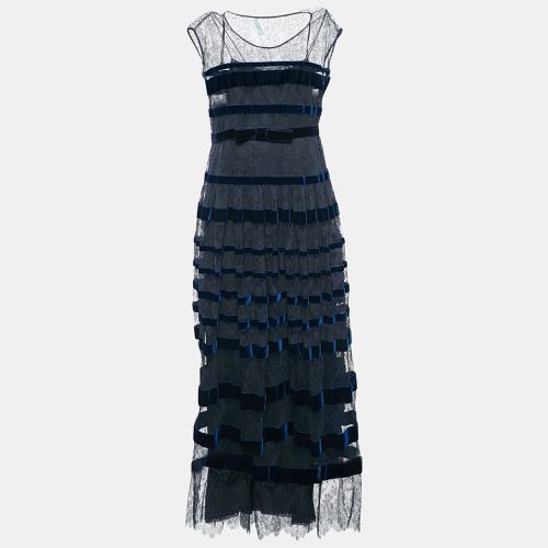 Black Lace and Velvet Stripe Belted Maxi Dress M - Prada - Modalova