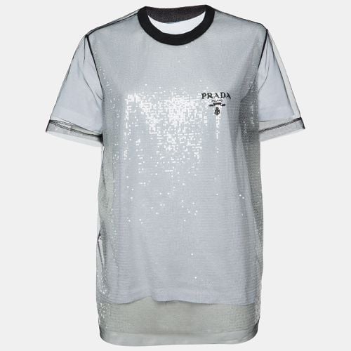 Prada Black/White Logo Print Sequin Tulle and Cotton Knit T-shirt M - Prada - Modalova