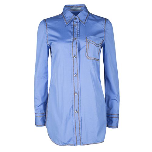 Prada Blue Cotton Contrast Embroidered Long Sleeve Button Front Shirt S - Prada - Modalova