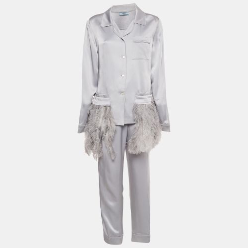 Prada Grey Satin Ostrich Feather Trim Pajama Shirt & Pants Set L - Prada - Modalova