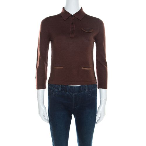 Silk and Wool Rib Knit Leather Patch Detail Polo T- Shirt M - Prada - Modalova